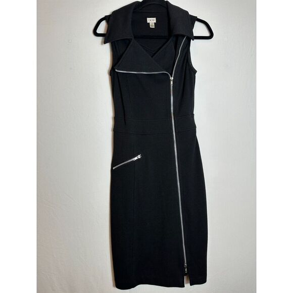 Vintage Cache Moto Black Midi Bodycon Zipper Dress Size 4 - Picture 2 of 6